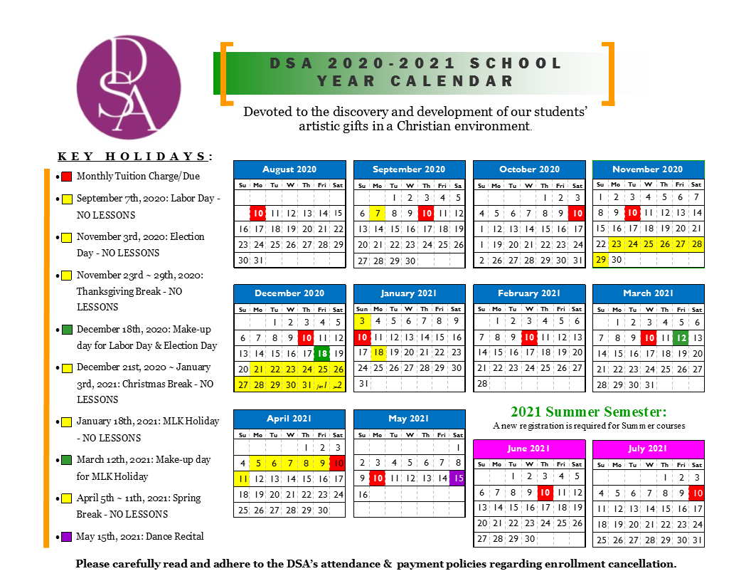 DSA School Calendar and Tuition Schedule | Dunwoody Baptist Church