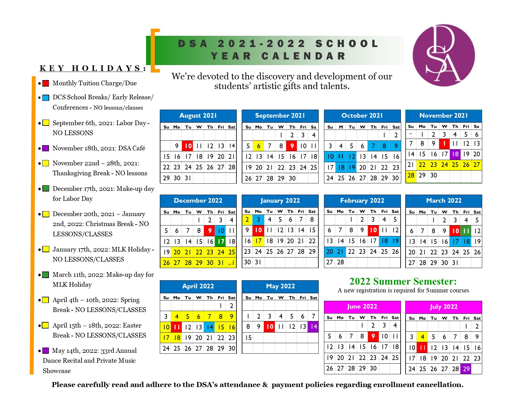 DSA School Calendar and Tuition Schedule | Dunwoody Baptist Church