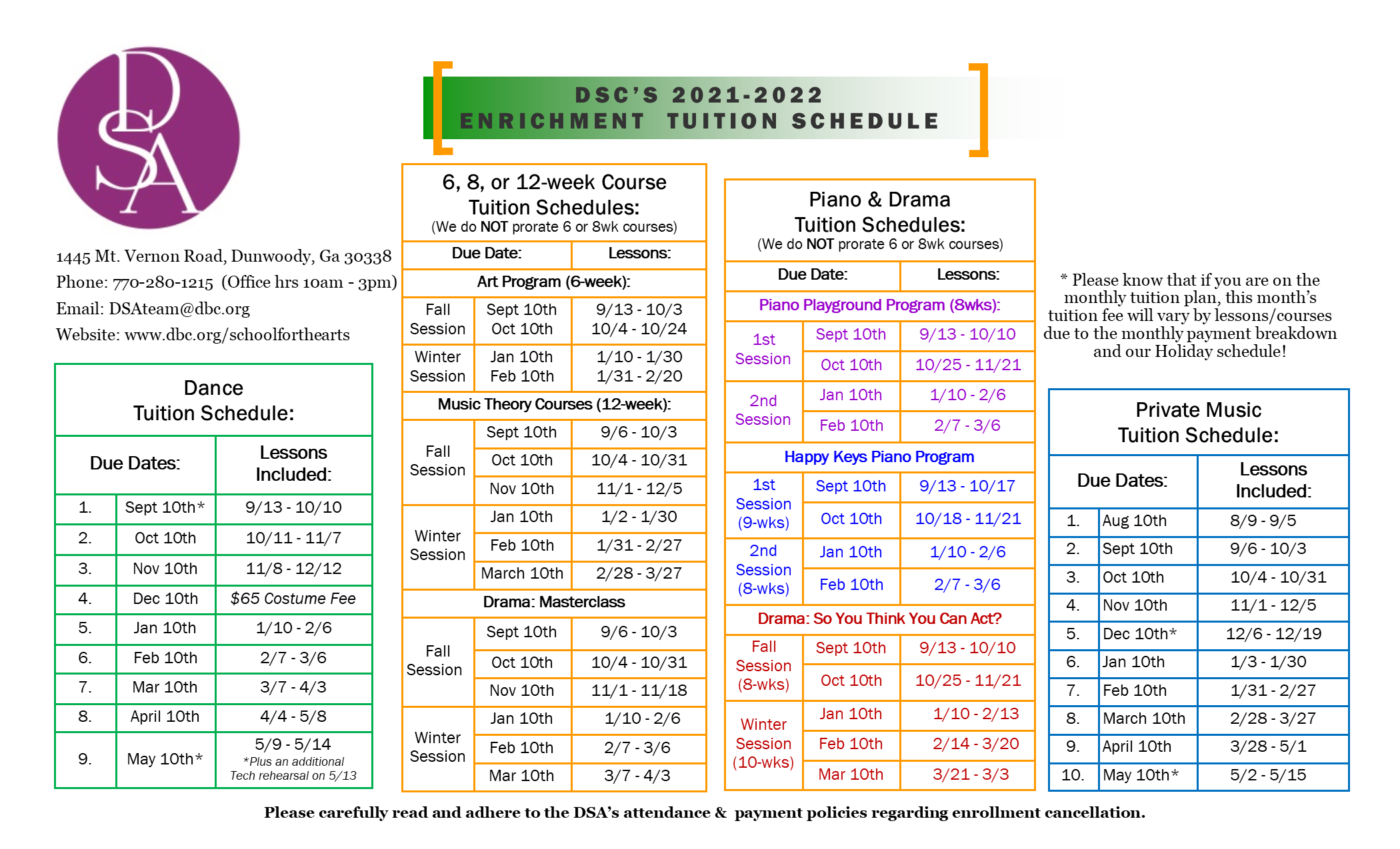 DSA School Calendar and Tuition Schedule | Dunwoody Baptist Church